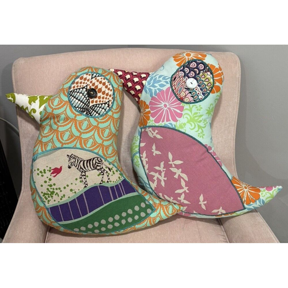 2 Homemade‎ Bird Pillows Boho Folk Art Whimsical Bird Decor folk Art MCM Retro